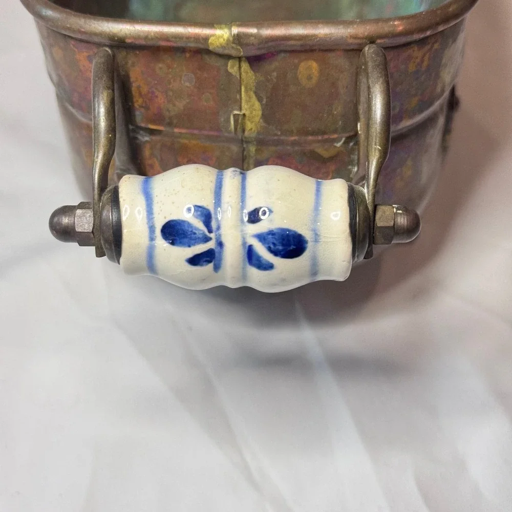 Vintage‎ Footed Copper Brass Jardiniere Planter Pot Delft Porcelain Handles Farm